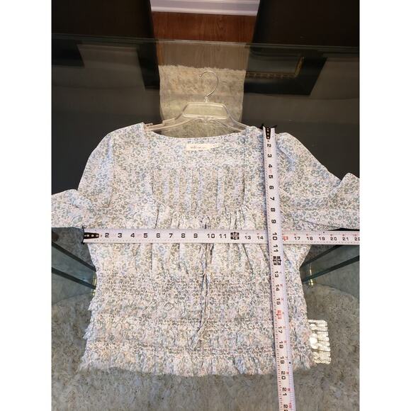 Millibon Blouse Top Womens L Green Floral Ruffled Smocked Tie Front Square Neck - Picture 7 of 12